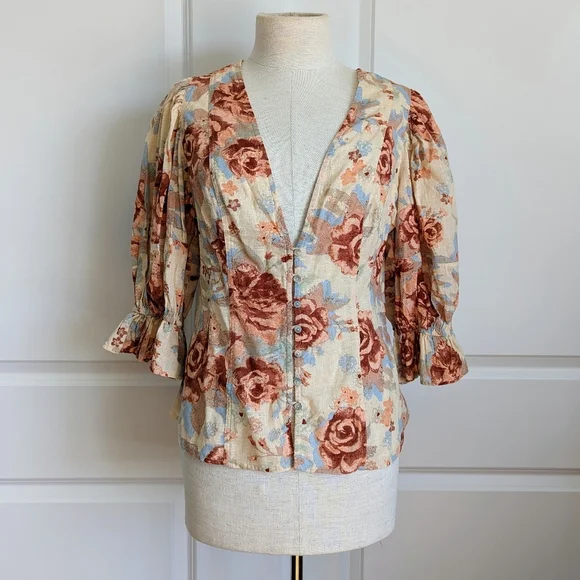 Free People Top Blouse Short Sleeve Deep V-Neck Floral Print Linen Ivory L NWT - Picture 3 of 16